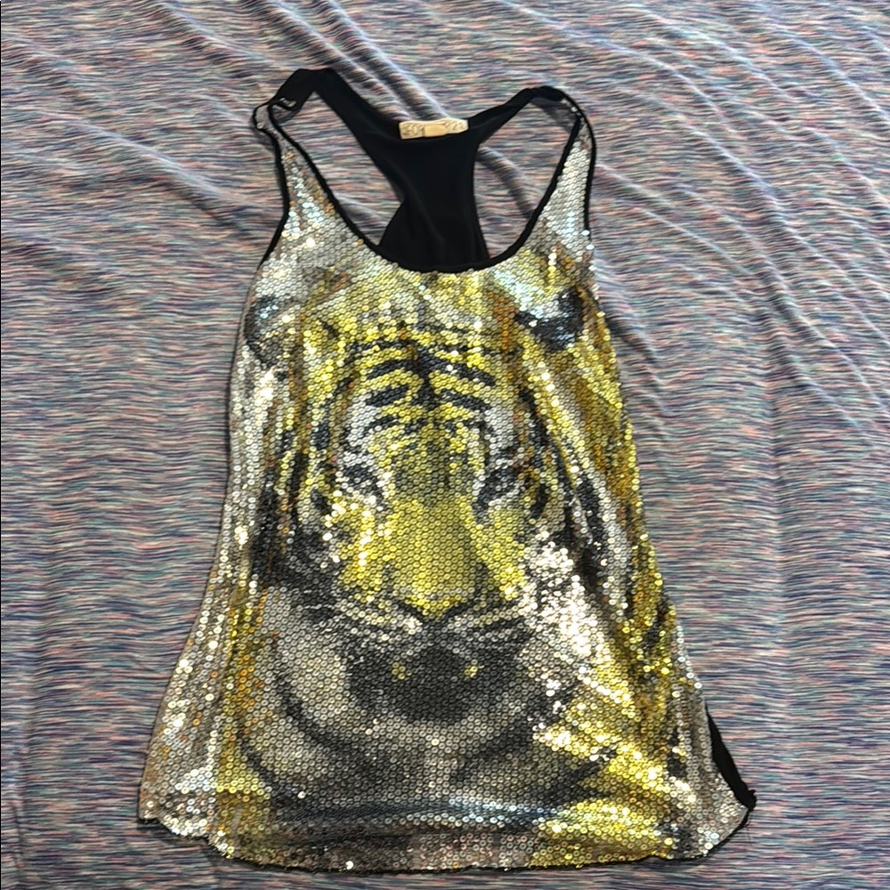 2013 Forever 21 Black and Gold Sequin Graphic Tank Top